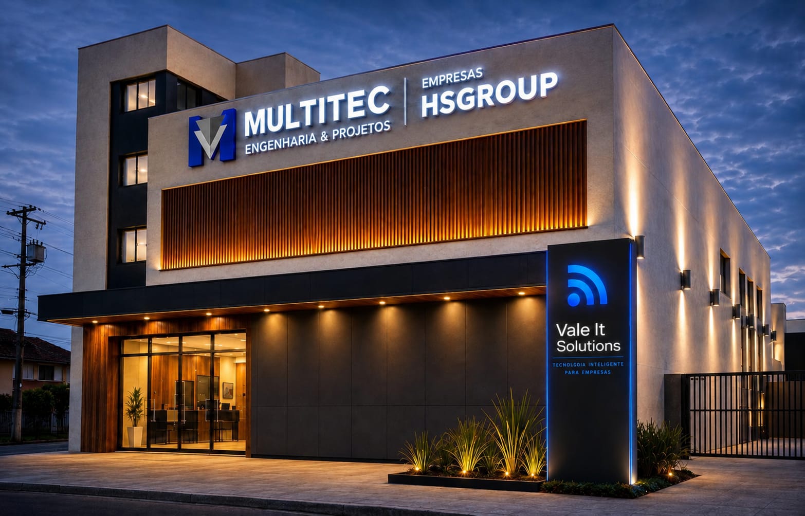 Fachada institucional com identificação da Vale IT Solutions, Multitec e empresas HS Group.
