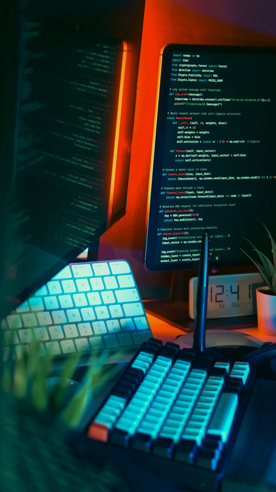 Estação de desenvolvimento com código exibido em monitores durante desenvolvimento de software.