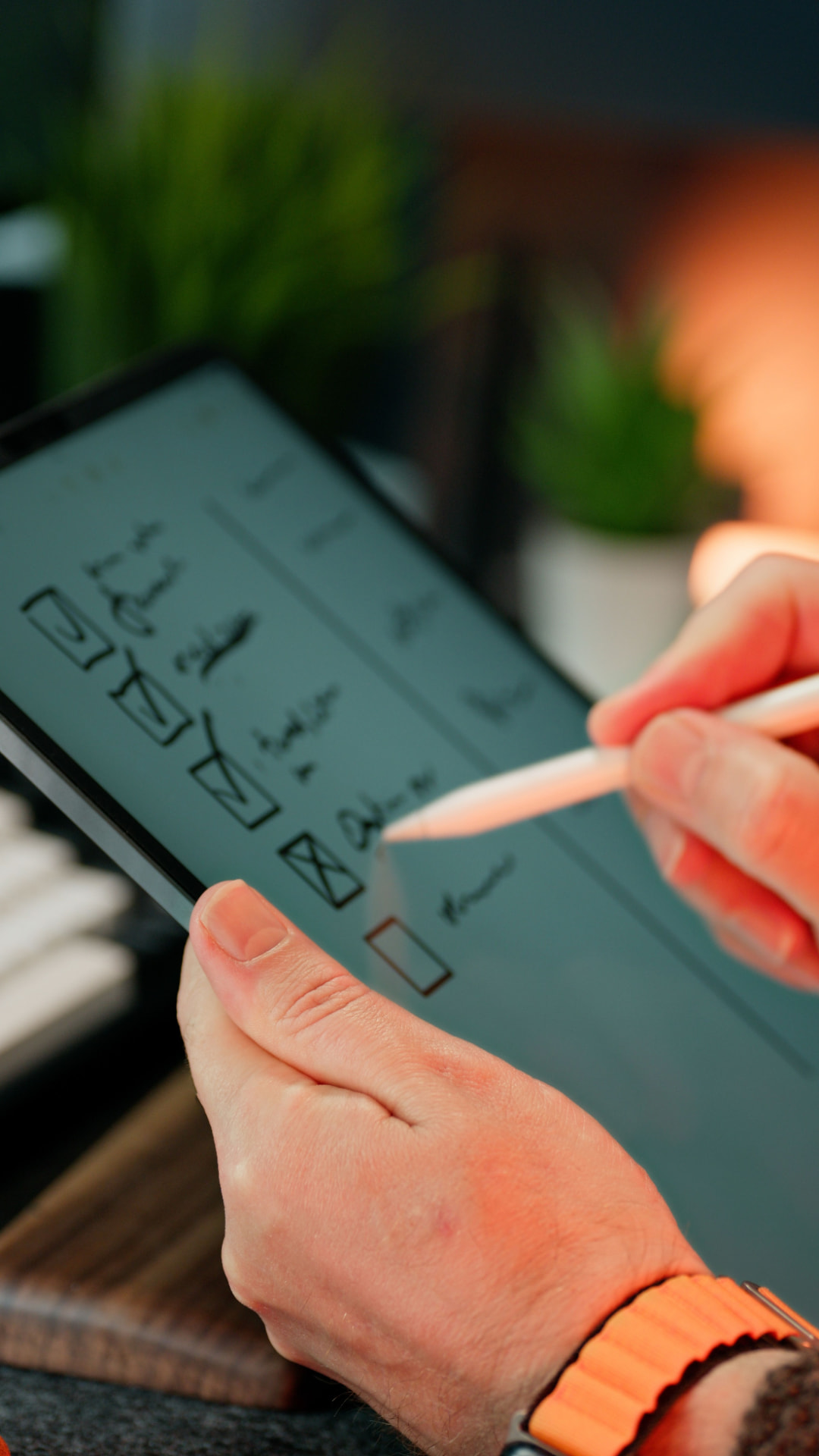 Profissional marcando itens de checklist em tablet com caneta digital, representando o método de atuação da Vale IT Solutions.