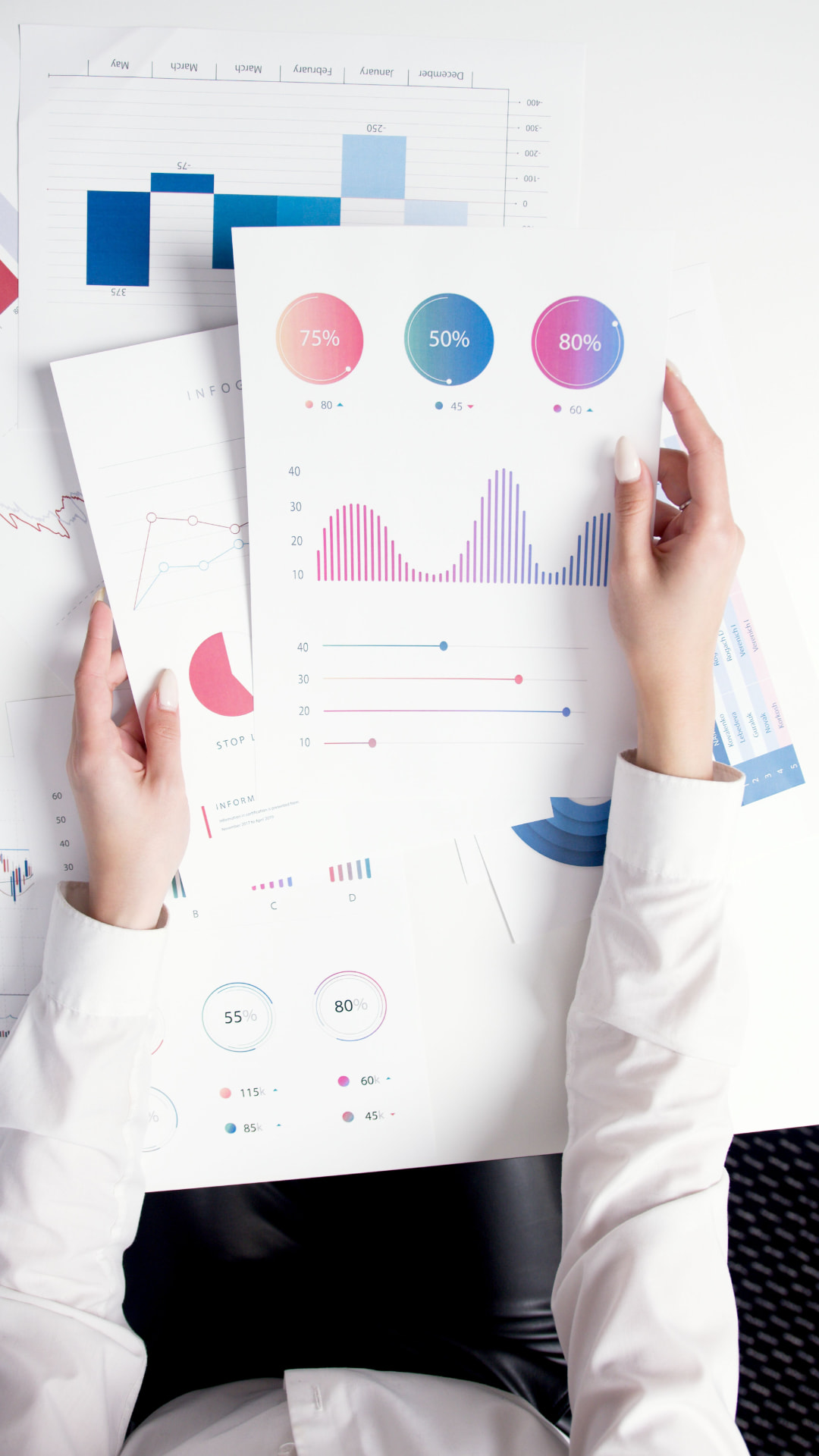 Profissional analisando relatórios com gráficos e indicadores de desempenho impressos.